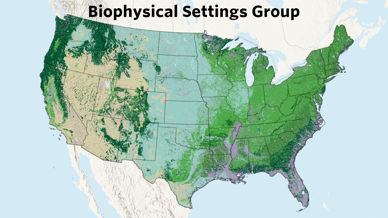 A map of the Biophysical Settings data for the Contiguous United States. Text across the top reads 'Biophysical Settings Group'.