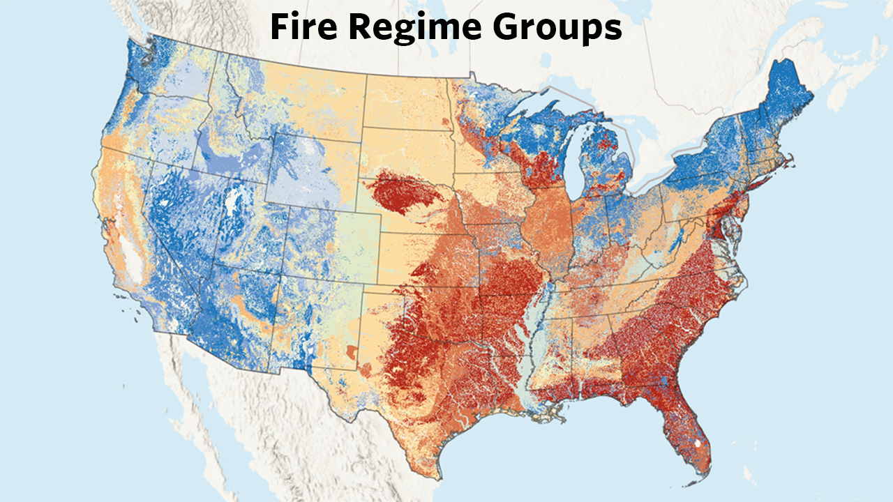 A map of the Biophysical Settings data for the Contiguous United States displayed on Fire Regime attributes. Text across the top reads 'Fire Regime Groups'.