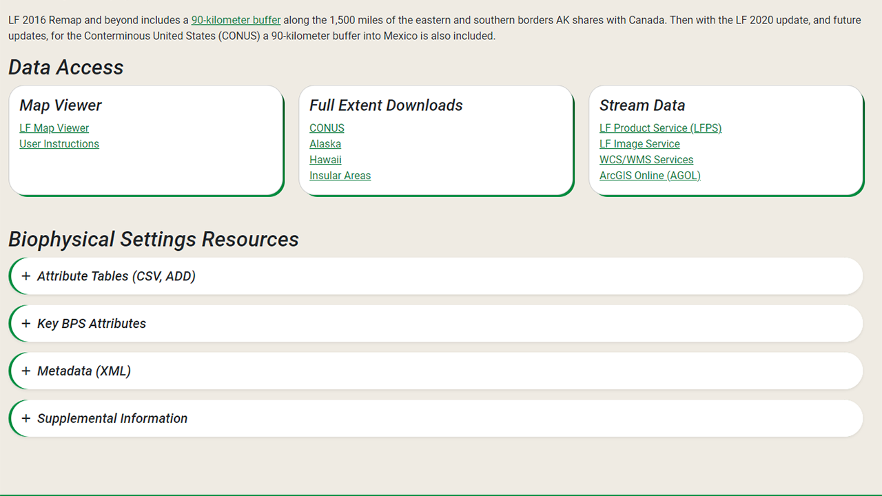 Location on landfire.gov, the LANDFIRE Program website, of where to find the Data Access and Resources sections of the Biophysical Settings data page. When you browse to landfire.gov/vegetation/bps, these resources are near the bottom of the page under the Data Access and Biophysical Settings Resources headings.