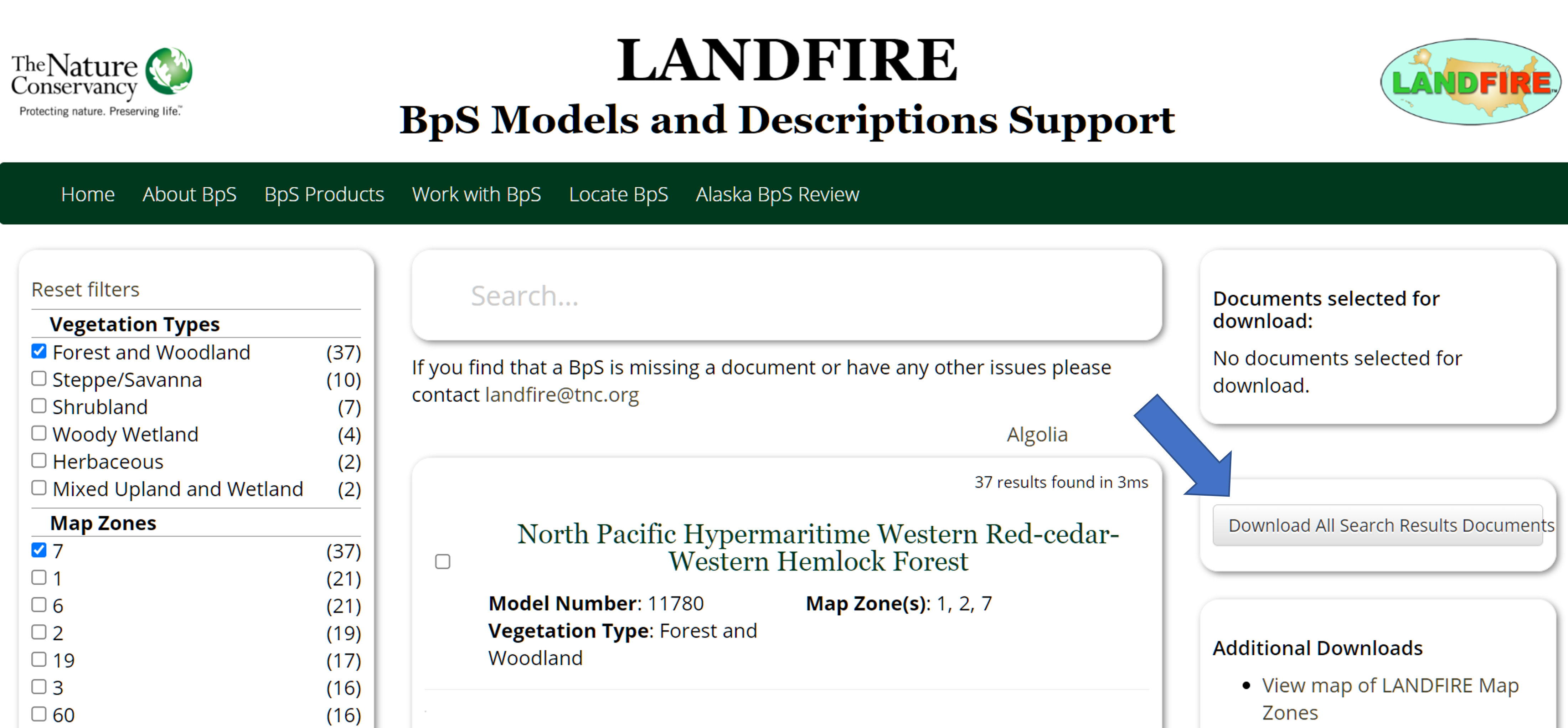 The search page of the LANDFIRE BpS Models and Descriptions Support website. An arrow points to the 'Download All Search Results Documents' button in the right sidebar