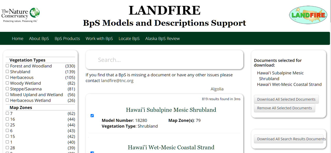 The search page of the LANDFIRE BpS Models and Descriptions Support website. The right sidebar now reads 'Documents selected for download:' then shows the names of the selected Biophysical settings. Below this are two buttons reading Download All Selected Documents and Remove All Selected Documents