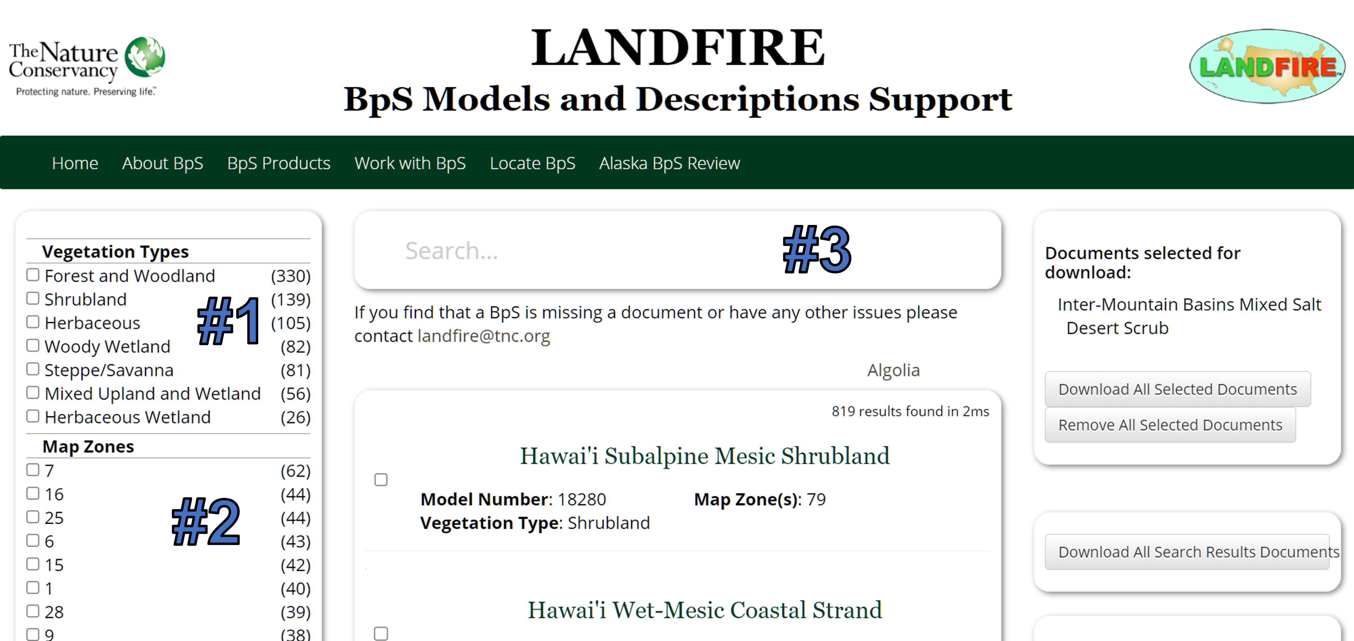 The search page of the LANDFIRE BpS Models and Descriptions Support website. There are three numbers on the page. #1 is over the Vegetation Types checkboxes in the upper left sidebar. #2 is over the Map Zones checkboxes in the lower left sidebar. #3 is over the search bar at the top of the main page section