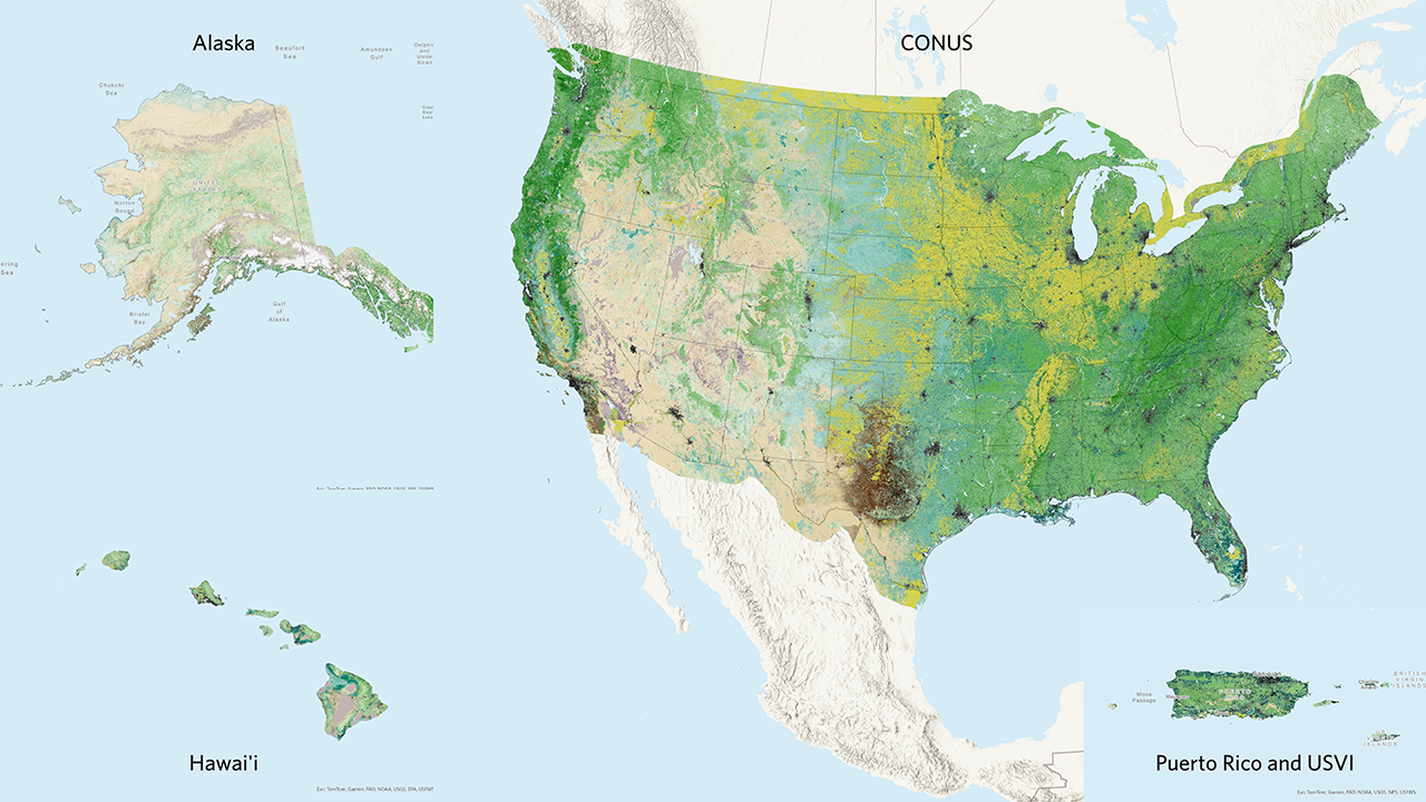 A map of LANDFIRE Existing Vegetation Height for the Contiguous US, Alaska, Hawaii, and Puerto Rico and the US Virgin Islands.