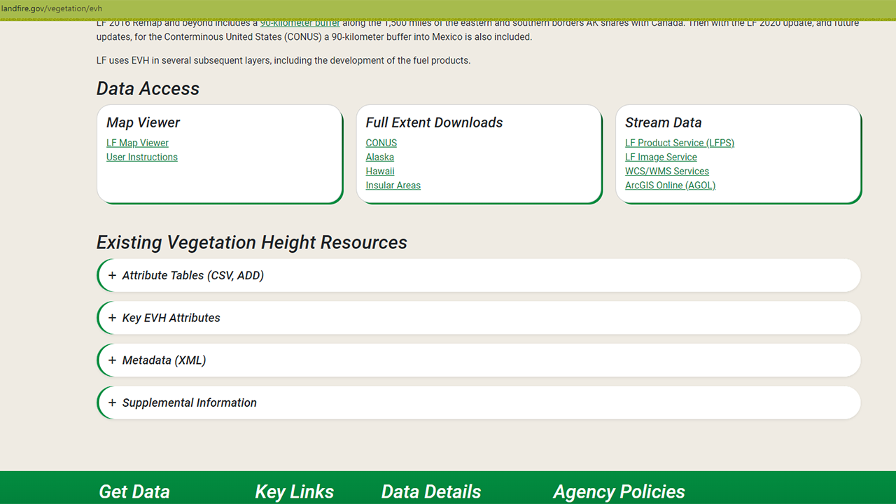 Location on landfire.gov, the LANDFIRE Program website, of where to find the Data Access and Resources sections of the Existing Vegetation Height data page. When you browse to landfire.gov/vegetation/evh, these resources are near the bottom of the page under the Data Access and Existing Vegetation Height Resources headings.