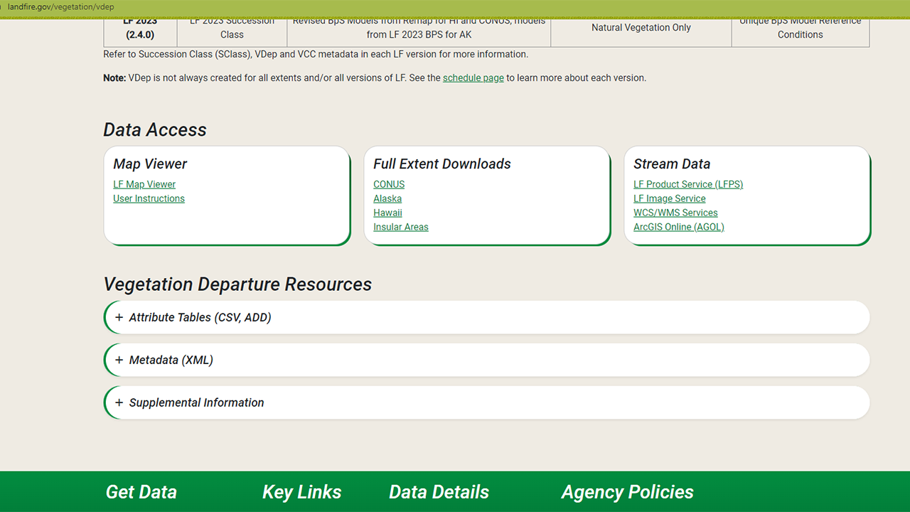 Location on landfire.gov, the LANDFIRE Program website, of where to find the Data Access and Resources sections of the Vegetation Departure data page. When you browse to landfire.gov/vegetation/vdep, these resources are near the bottom of the page under the Data Access and Vegetation Departure headings.