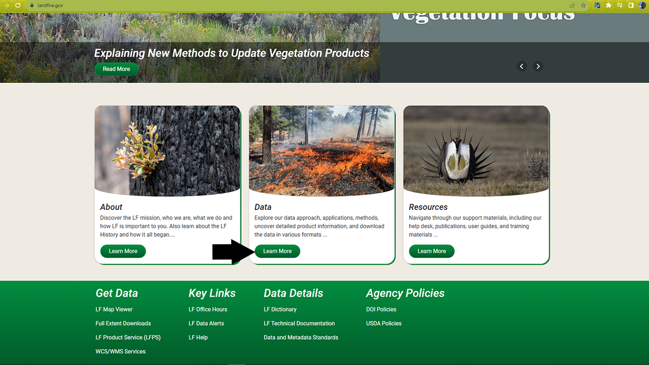 Three boxes titled About, Data, Resources. An arrow points to the Learn More button underneath the data heading.
