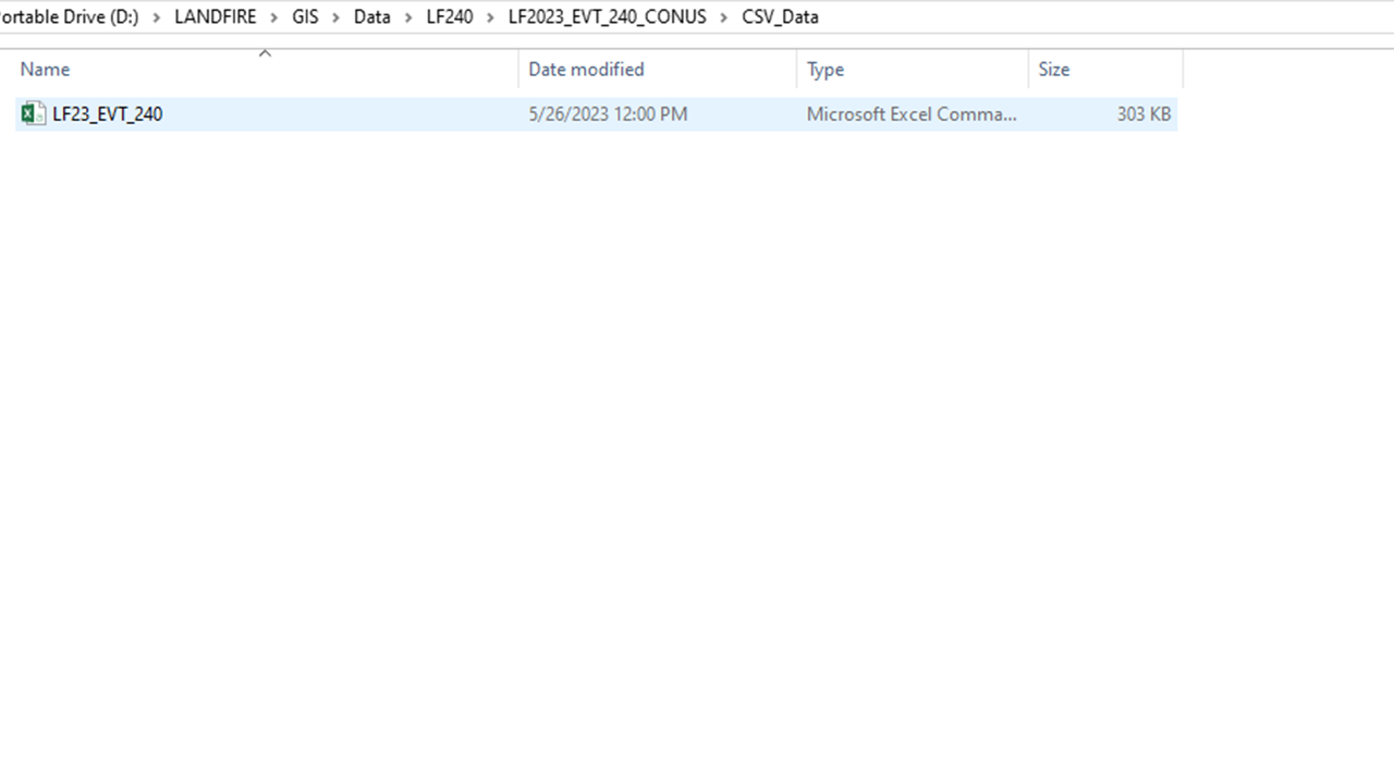 Windows explorer file structure showing the LF20_EVT_200 Microsoft Excel Comma Separated Values file highlighted.