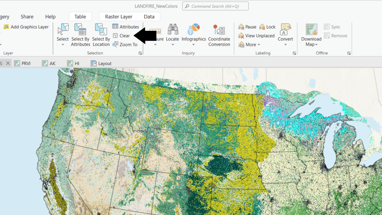 An ArcGIS Pro window showing the Clear button highlighted in the ribbon bar at the top of the map window under the Selection heading.