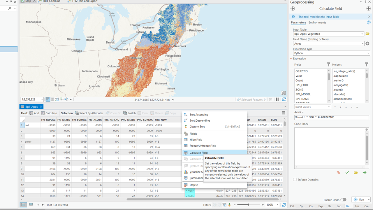 The attribute table in ArcGIS Pro with a box highlighting Calculate Field in the right-click menu. It also shows the Calculate Field geoprocessing tool on the side, with the BPS_Output as the Input table, field name as Acres, and the expression Acres=!Count! * 900 * 0.000247105.