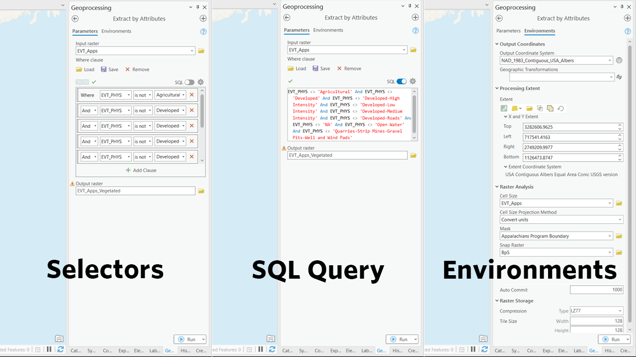 Three panels with geoprocessing windows. The left shows the Extract by Attributes tool with EVT as the input raster and the pick list of selectors for the attribute filled in. The middle panel shows the same tool with the same input and output rasters, but is setting the attribute query as an SQL code as described above. The right panel shows the environment settings with the coordinate system set to NAD_1983_Contiguous_USA_Albers to match the EVT coordinate system and the snap raster set to BPS