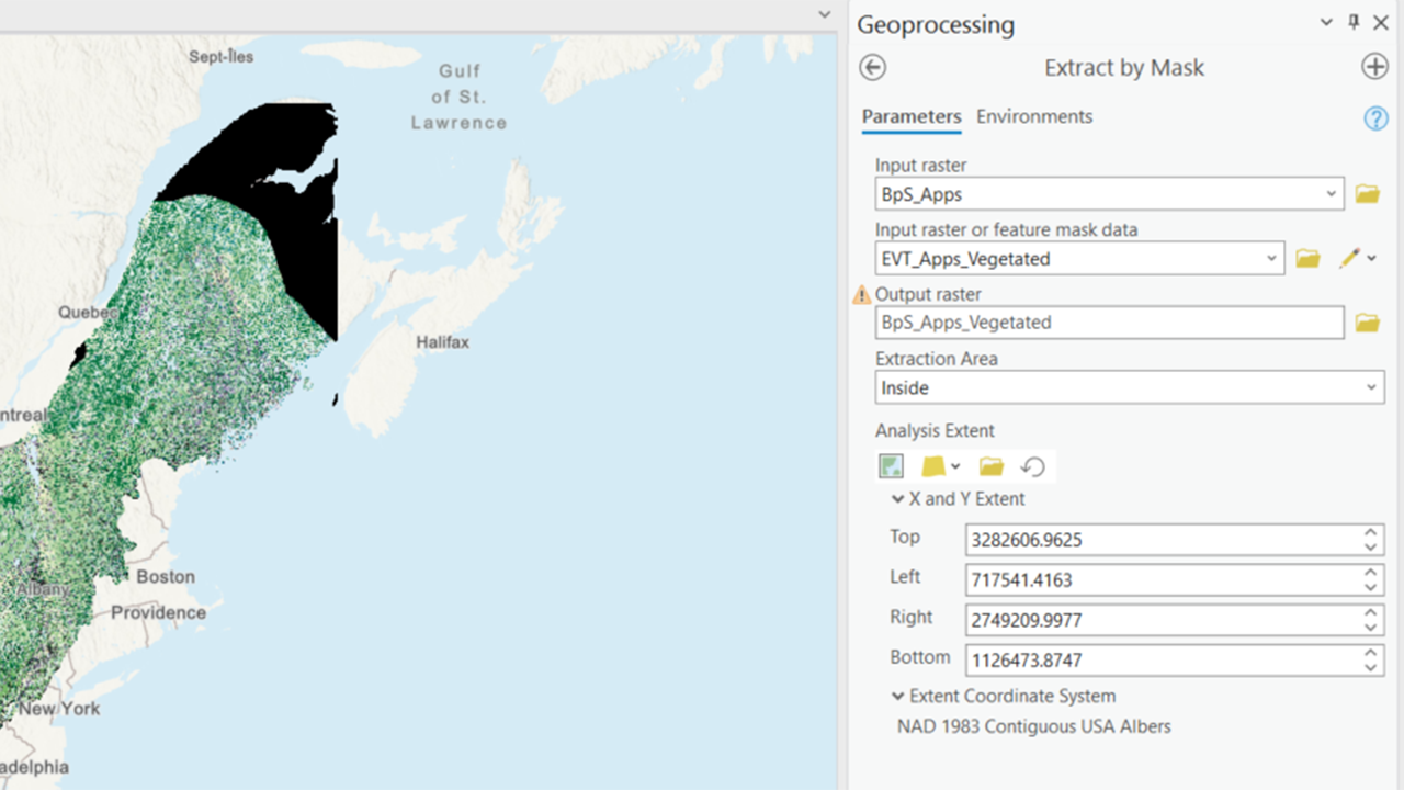 The ArcGIS Pro window showing the Extract by Mask Geoprocessing tool. The input raster is our BPS_Output raser, the Input raster or feature mask data is the EVT_Output data, the output raster is BPS_Vegetated, the extraction area is Inside and the X and Y Extents are shown.