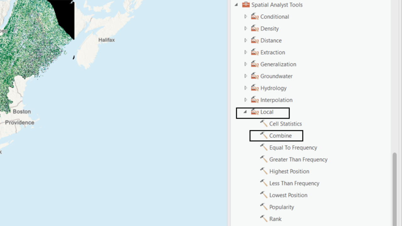 The ArcGIS Pro window showing the location of the Combine tool within the geospatial toolbox. The tool is in Spatial Analyst Tools, Local, Combine.