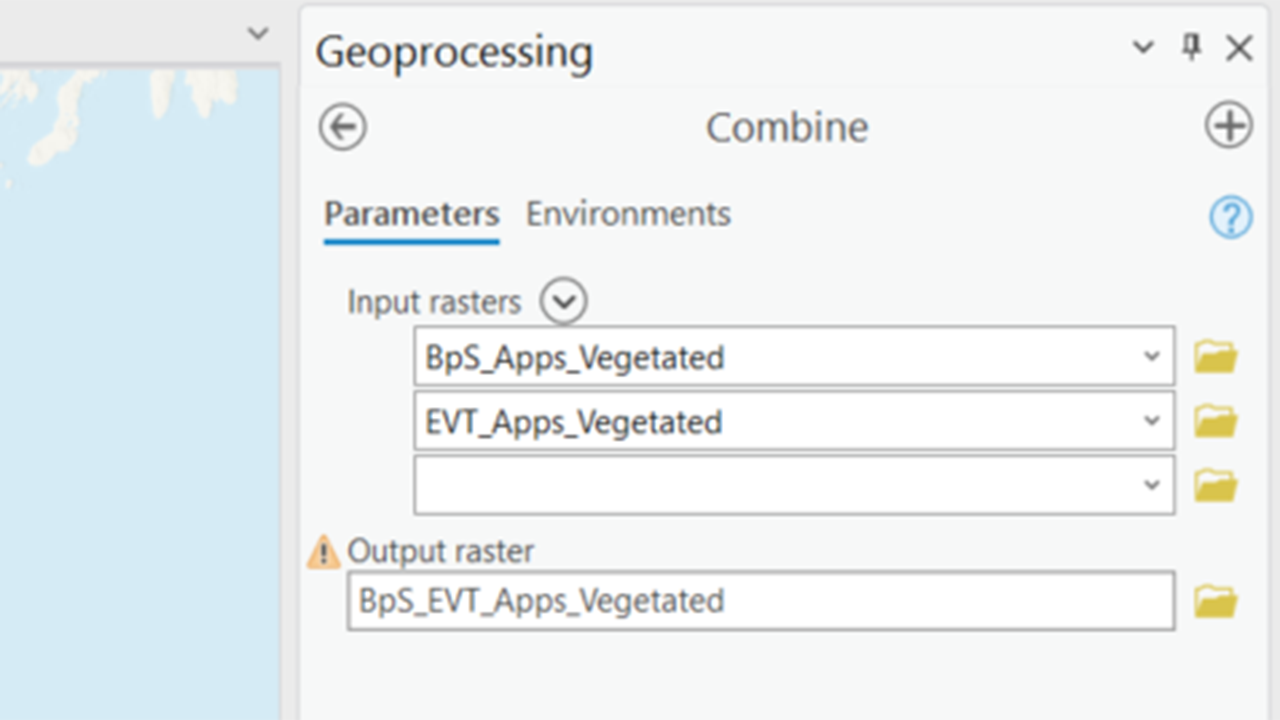 The ArcGIS Pro window showing the Combine Geoprocessing tool. The input rasters are our BPS_Vegetated and EVT_Vegetated rasters, the output raster is BPS_EVT_Vegetated.