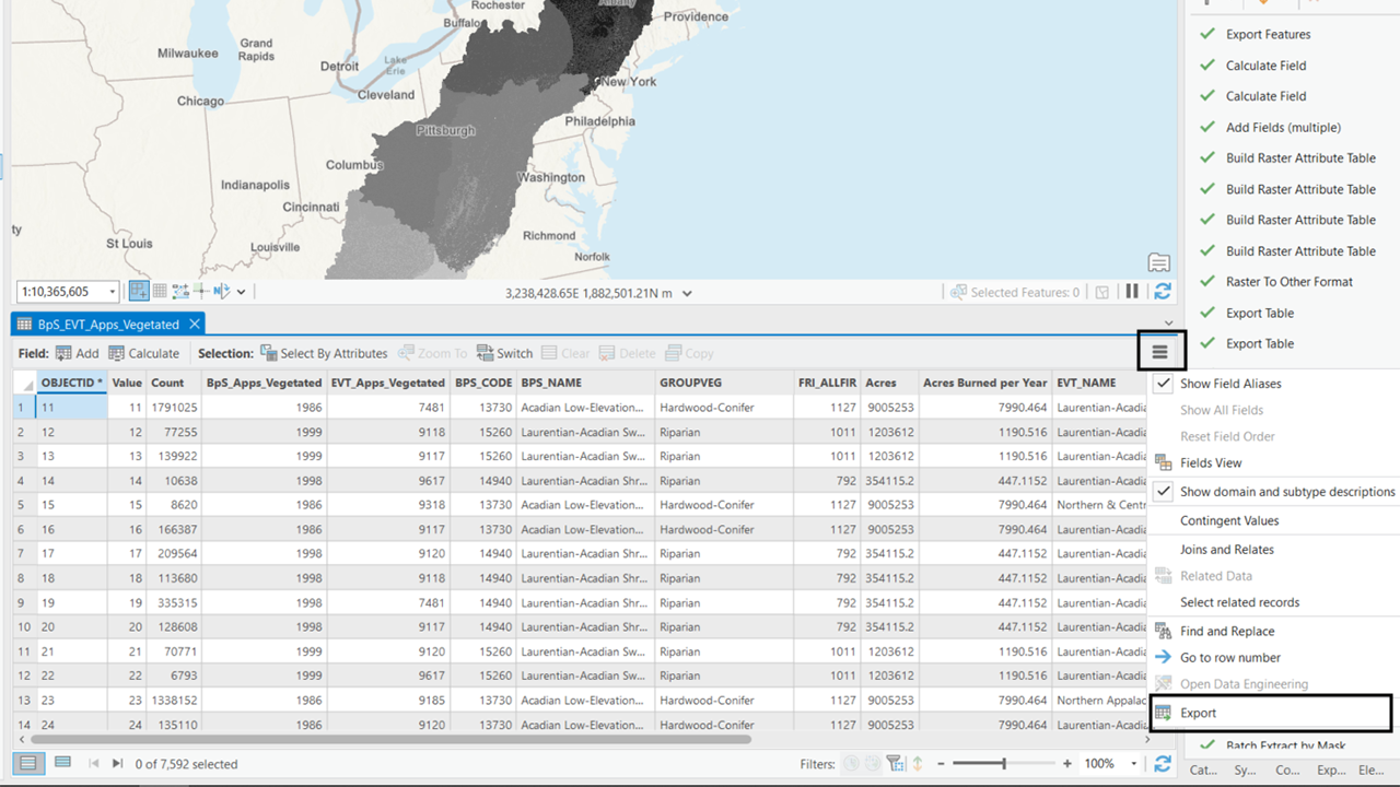 The ArcGIS Pro window showing the attribute table. A box highlights the three lines hamburger menu in the upper right corner of the attribute table window and another box highlights the Export option at the bottom of the subsequent pop-up menu.