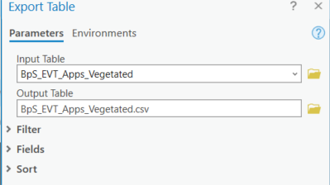 The Export Table window showing the combined raster as the Input Table and the Output Table with the same name as the combined raster but the file extension .csv