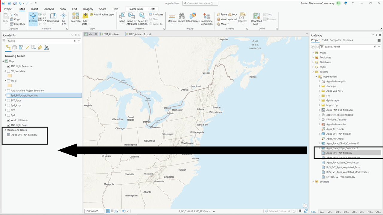 The ArcGIS Pro window. The catalog pane is open on the right side of the screen. A large black arrow points from the catalog pane on the far right to the contents pane on the far left indicating that you should drag the highlighted CSV file across to the catalog pane.