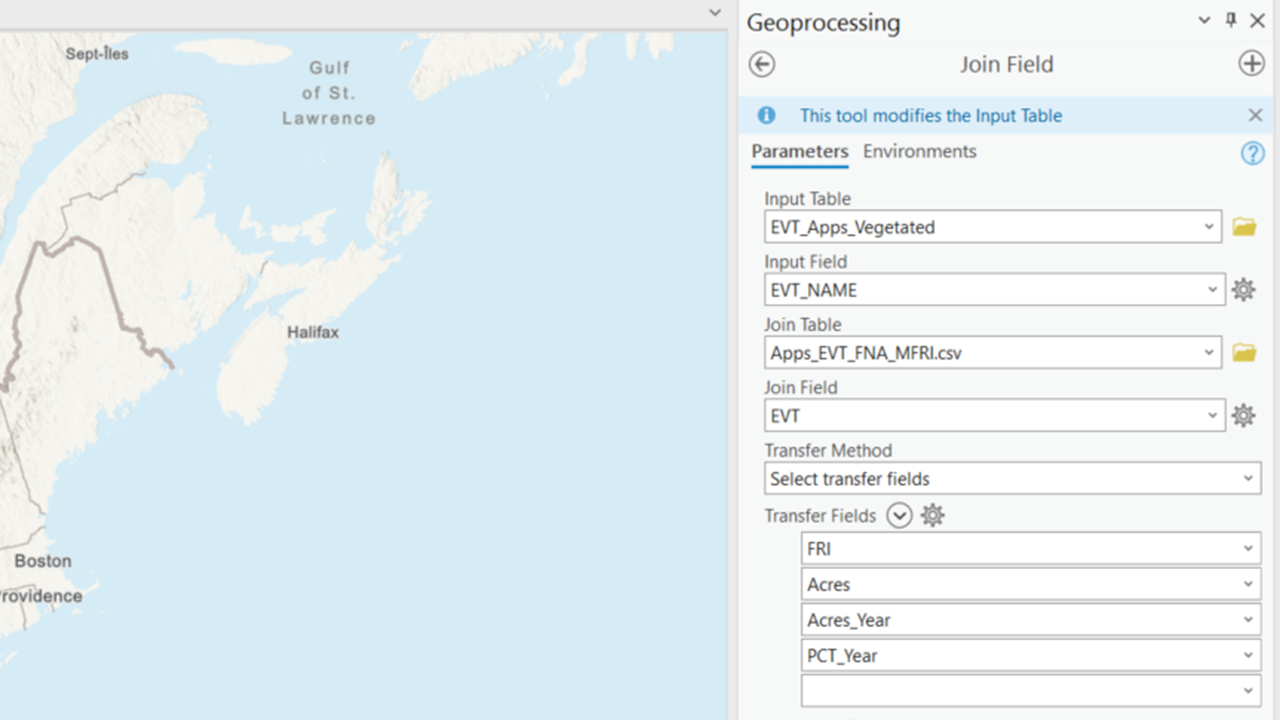 The ArcGIS Pro Join Field tool showing the Input Table as EVT_Vegetated, the Input Field as EVT_NAME, the Join Table as the CSV file, the Join Field as EVT, and the Transfer Fields as FRI, Acres, Acres_Year, PCT_Year