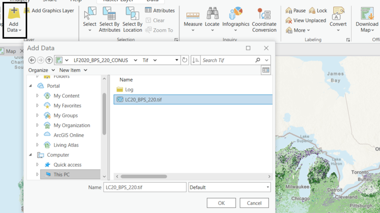 Adding BPS data to ArcGIS Pro by clicking the Add Data button in the ribbon bar and then selecting LC20_BPS_220.tif