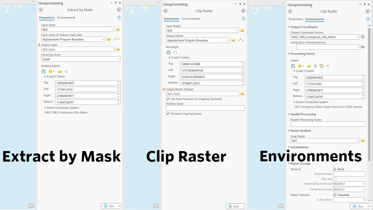 Three panels with geoprocessing windows. The left shows the Extract by Mask tool with BPS as the input raster, the aoi as the input raster or feature mask data, and BPS_Output as the Output raster. The Extraction Area is set to inside and the analysis area is defined. The middle panel shows the Clip Raster tool with the same input and output rasters, the aoi as the output extent, and the X and Y extent defined. The right panel shows the environment settings with the coordinate system set to NAD_1983_Contiguous_USA_Albers to match the BPS coordinate system and the snap raster set to BPS
