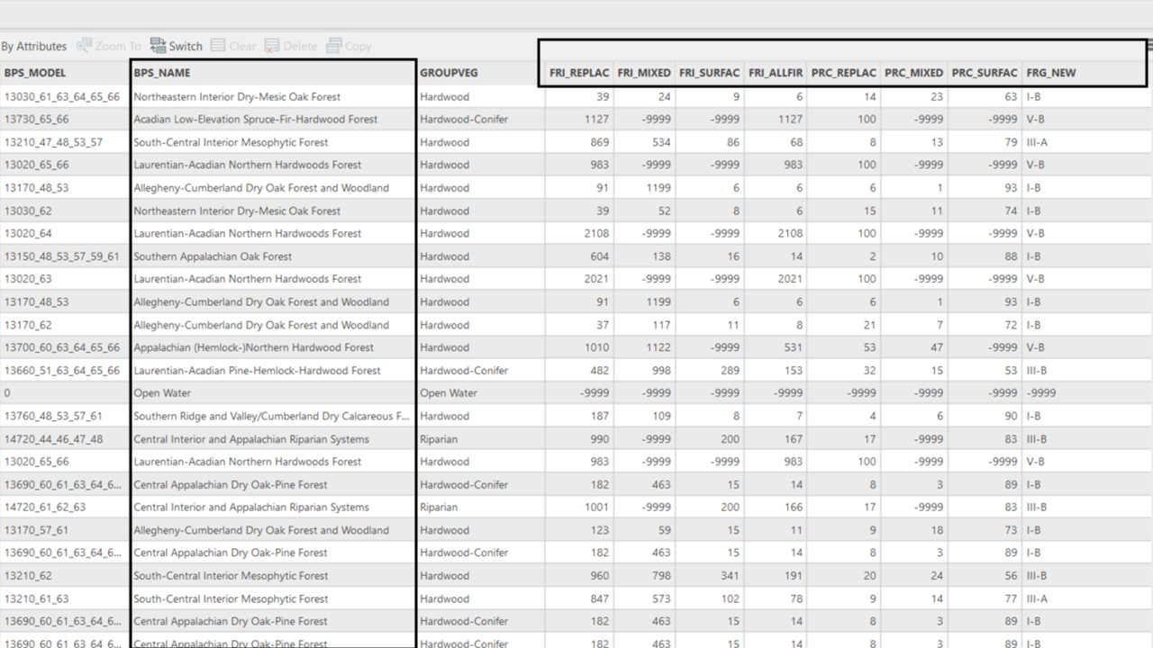 The BPS attribute table in ArcGIS Pro. A vertical box highlights the BPS_NAME column and a horizontal box highlights the FRI_REPLAC, FRI_MIXED, FRI_SURFAC, FRI_ALLFIR, PRC_REPLAC, PRC_MIXED, PRC_SURFAC, and FRG_NEW fields