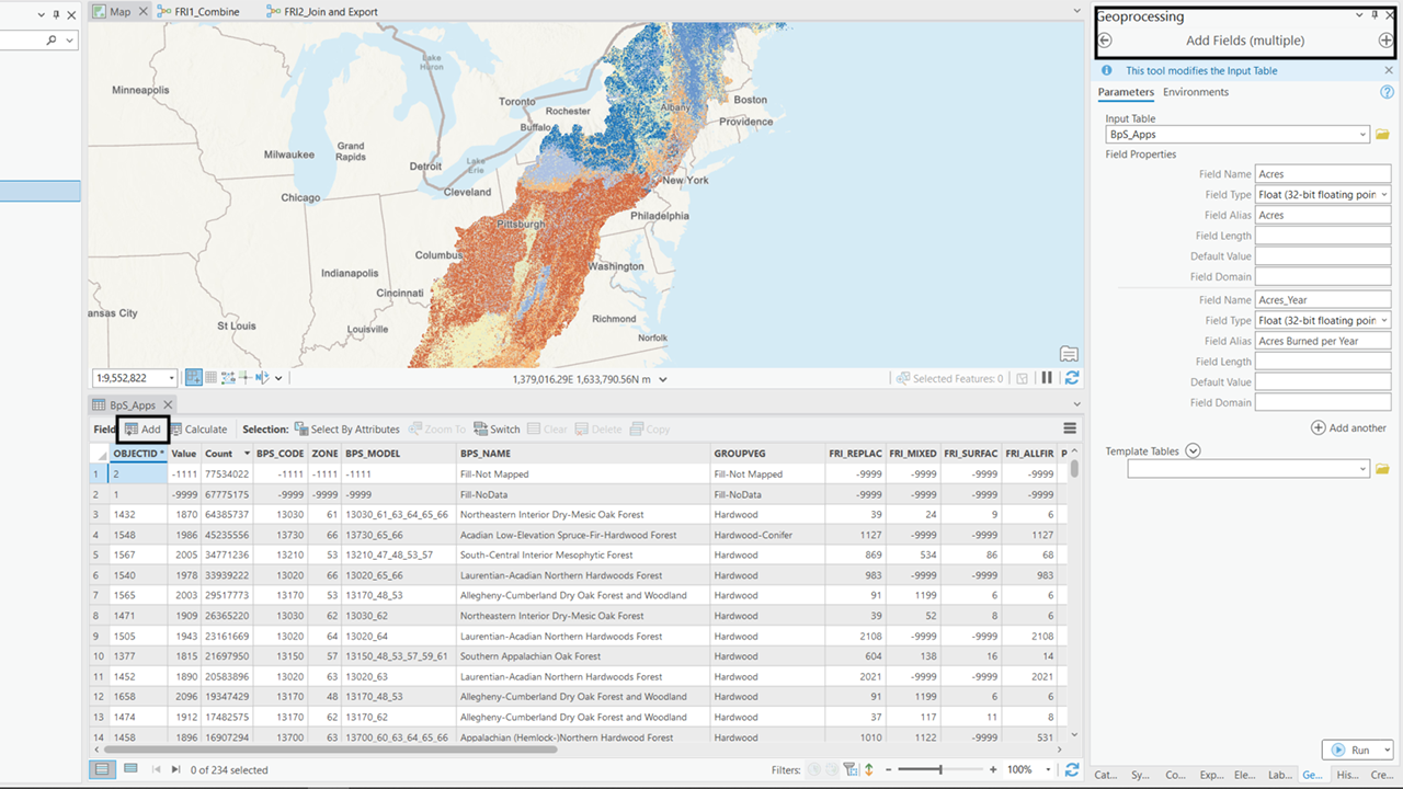 The attribute table in ArcGIS Pro with a box around the Add button at the top of the table next to the word Field. It also shows the Add Fields (multiple) geoprocessing tool on the side, with the BPS_Output as the Input table, and the field names as Acres and Acres_Year. Both are Float (32-bit floating point) field types