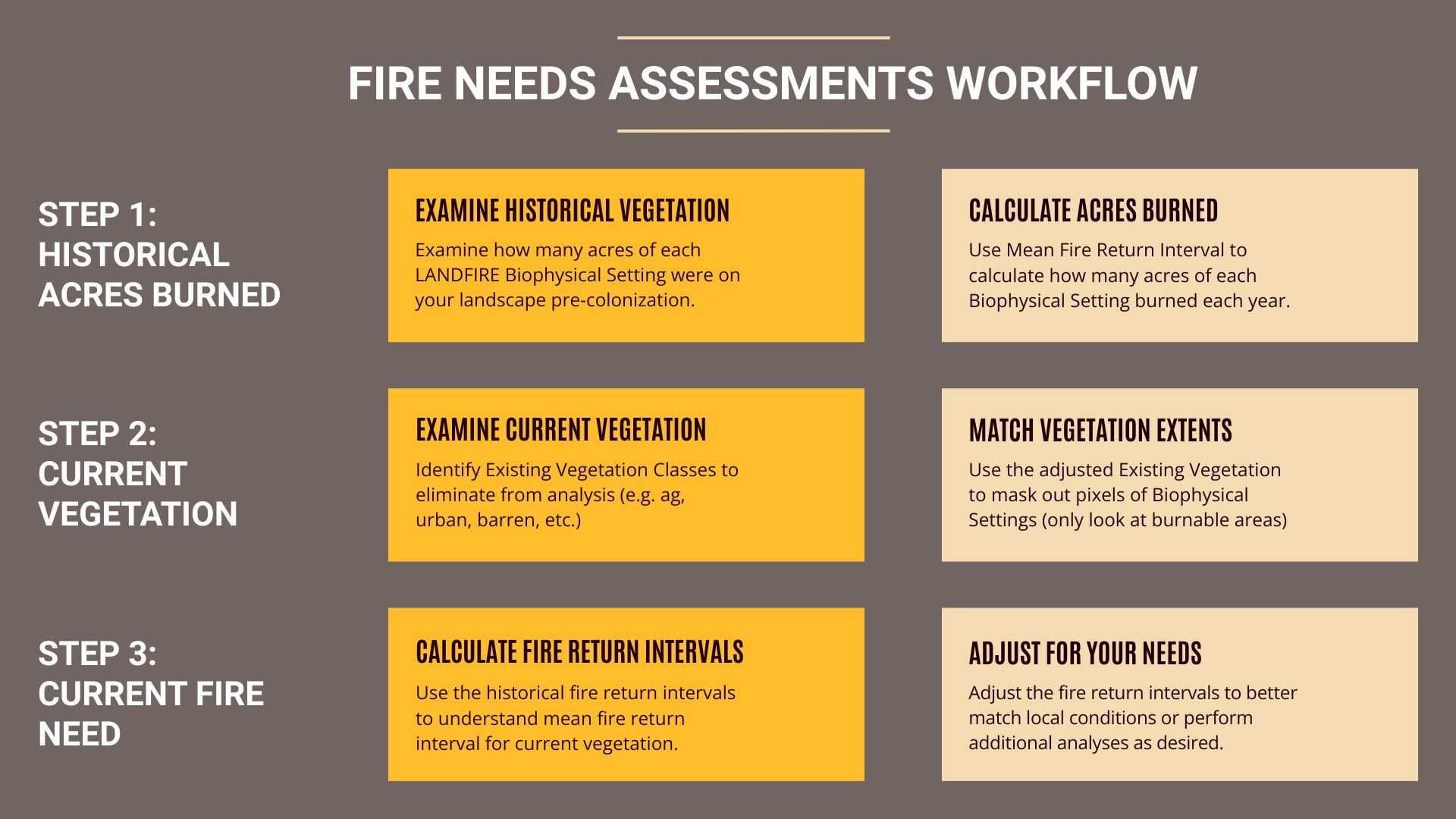 Flowchart showing the three-step Fire Needs Assessment process: Step 1 - Historical Acres Burned; Step 2 - Current Vegetation; Step 3 - Current Fire Need, with sub-tasks listed under each step.
