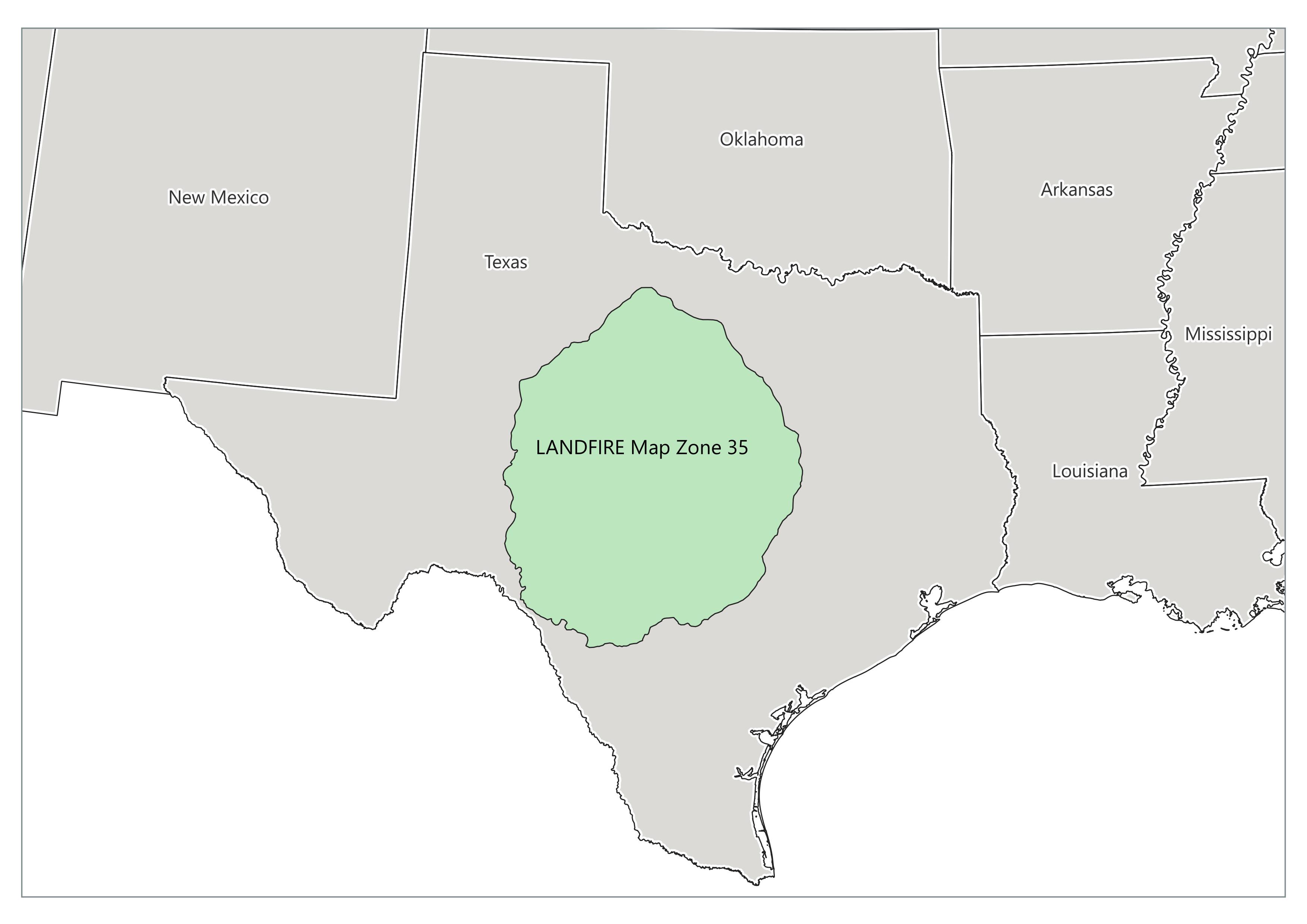 A map of LANDFIRE Map Zone 35, which is a large circular area in central Texas.